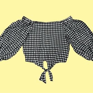 Black and White Checkered Off The Shoulder Crop Top Size S by Forever 21